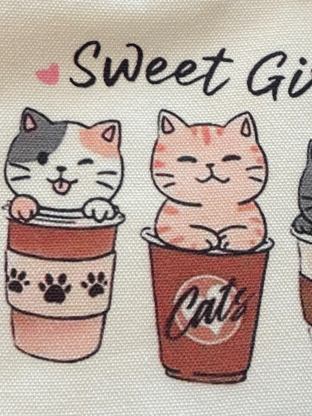 NWT! Adorable "Sweet Girl" Coffee Cats - Small Canvas Bag - Picture 4 of 7